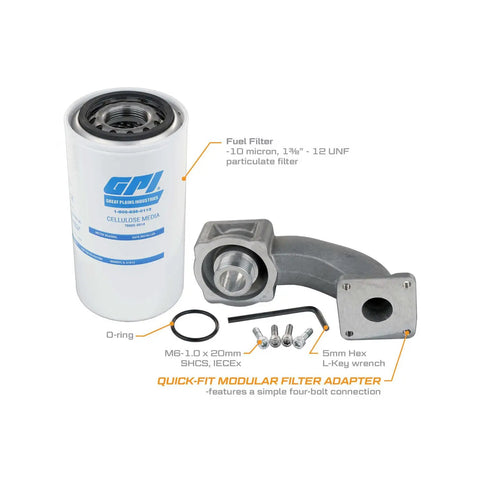 Quick-Fit Filter Adapter Kit for up to 25 GPM fuel transfer pumps with a 10 micron particulate filter and modular hardware components.