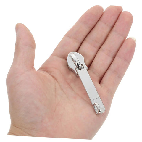 Hand holding a metal slider from 4 Pack Zipper Repair Kit For Luggage And Gear, Universal Zipper Pull Replacements For Jackets and more
