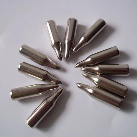 Glue On Field Points For 8mm Arrows 24 Pack Metal Arrow Tips arranged in a circle on a white surface