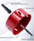 Red 6.1-inch hole saw with arbor and pilot drill bit; bi-metal cutter with M6 center drill bit