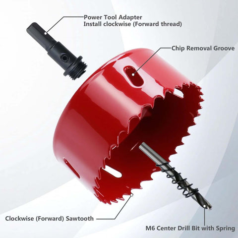 Red 6.1-inch hole saw with arbor and pilot drill bit; bi-metal cutter with M6 center drill bit