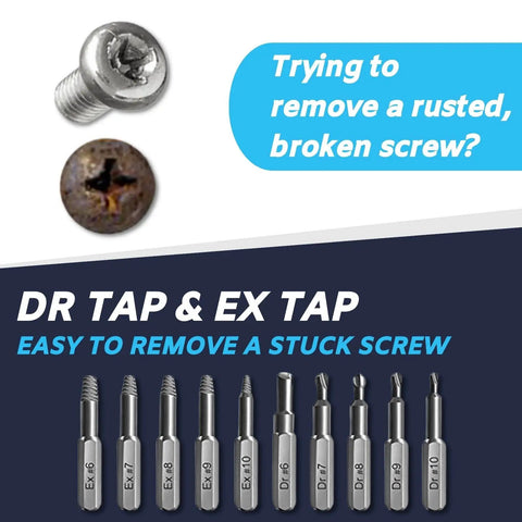 Screw removal tools from Mega-Value 140in1 Precision Screwdriver Set with rusted screw example and tool sizes visible.