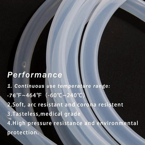 Close-up of Pure Silicone Tubing 6mm ID x 8mm OD High Temp Food Grade Hose with temperature range and performance details visible.