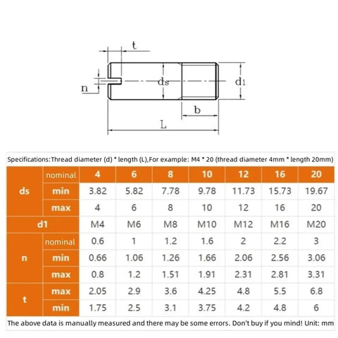 Diagram with dimensions for Heavy Duty Industrial Grade M4 To M20 Slotted Headless Set Screws And External Thread Dowel Pins For Precision Alignment