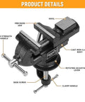 2-Inch Universal Table Vise With 360 Degree Swivel Base, Must-Have Portable Clamp-On Workbench Vice With Built-In Anvil For Hobbyist Jewelry Making, Electronics, Woodworking, And Precision DIY Projects, cast iron, front view