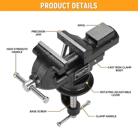 2-Inch Universal Table Vise With 360 Degree Swivel Base, Must-Have Portable Clamp-On Workbench Vice With Built-In Anvil For Hobbyist Jewelry Making, Electronics, Woodworking, And Precision DIY Projects, cast iron, front view