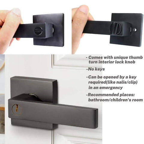 Privacy Door Lever With Lock Matte Black Door Handle Set showing thumb turn knob and emergency key access for interior doors