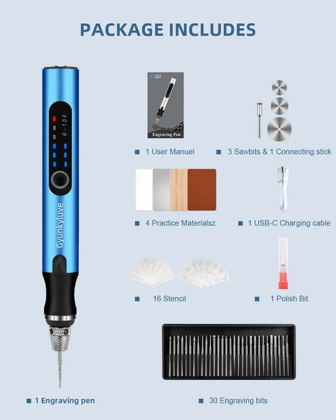 Wireless Engraving Pen Kit With 34 Bits 3 Speed Control Two Part Collet Lock Includes Practice Materials And Stencils
