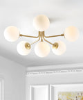 Brass Gold 24 Inch Parisian 6 Light Globe Modern Industrial Iron Ceiling Light Semi Flush Mount With White Frosted Glass Shade LED Bulbs Included