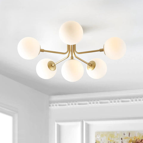 Brass Gold 24 Inch Parisian 6 Light Globe Modern Industrial Iron Ceiling Light Semi Flush Mount With White Frosted Glass Shade LED Bulbs Included