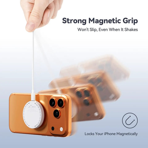 Magnetic Wireless Charger 2 Pack With 15W Fast Charging 4.2 Ft Type C Cable Works With iPhone 12 13 14 15 16 17 Series And AirPods 2 3 Pro Strong Magnetic Alignment No Slip Case Friendly Charging On The Go shown on orange iPhone.