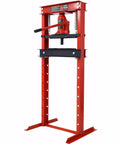 Heavy Duty 20 Ton Hydraulic Shop Press A Heavy Hitter For Your Shop H Frame Steel Build Adjustable Work Table with red frame.