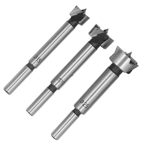 Professional Grade 5 Piece Forstner Drill Bit Set Sizes 15 Through 35 Millimeter, showing 15mm, 20mm, and 25mm bits.
