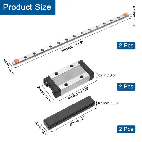 2 Pcs MGN9 300mm Linear Guide Rail Kit With 2 MGN9H Carriage Blocks And 2 Mini MGN12 Guides for 3D printers and CNC machines dimensions