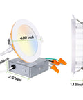 4-inch LED recessed light with dimensions next to junction box, part of 6 Pack 4 Inch LED Recessed Lights With Night Light, 5CCT Dimmable.