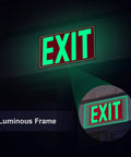 Glow In The Dark Photoluminescent Exit Sign Red With Easy Peel And Stick Adhesive Backing Non Electrical Scratch Resistant Tear Resistant PVC Twelve By Seven Inches For Fifty Feet Visibility Two Pack glowing on wall.