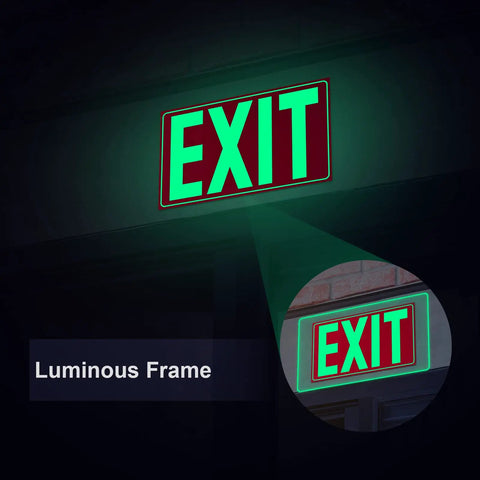 Glow In The Dark Photoluminescent Exit Sign Red With Easy Peel And Stick Adhesive Backing Non Electrical Scratch Resistant Tear Resistant PVC Twelve By Seven Inches For Fifty Feet Visibility Two Pack glowing on wall.