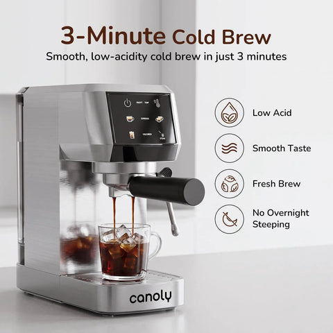 Dope 2-In-1 Espresso Machine And Cold Brew Maker With Badass 20 Bar Pump pouring iced coffee into a glass.