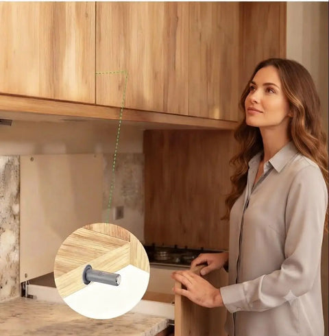 Woman demonstrating Hidden Magnetic Push Latches For Cabinets And Closets, 10 Pack Gray Cabinet Door Latch Kit installation.