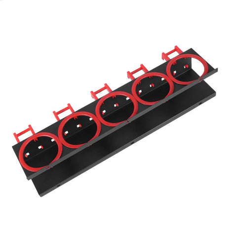 Heavy Metal Spray Bottle Storage Rack With Padded Hooks Rock Solid Garage Organizer with red padded hooks on a black background.