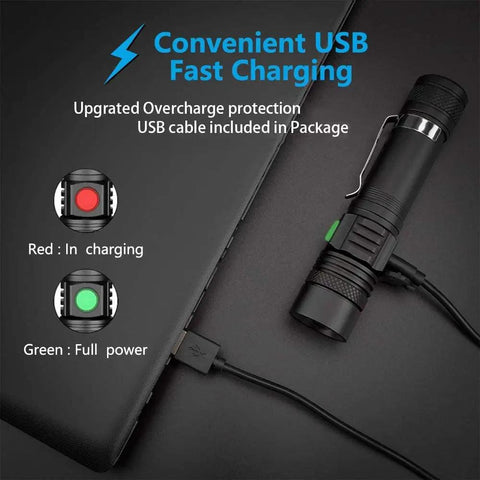 Crazy Bright LED Tactical Flashlight With Rechargeable Battery And Zoomable Beam shown charging via USB next to a laptop.