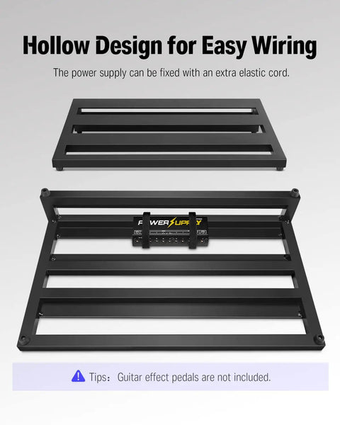 Ultra Lightweight Aluminum Guitar Pedalboard Case 20x11.4x4 Inches with hollow design, shown for easy wiring setup.