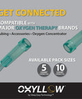 Oxyllow premium swivel oxygen tubing connector, turquoise, 5- and 10-count packs shown