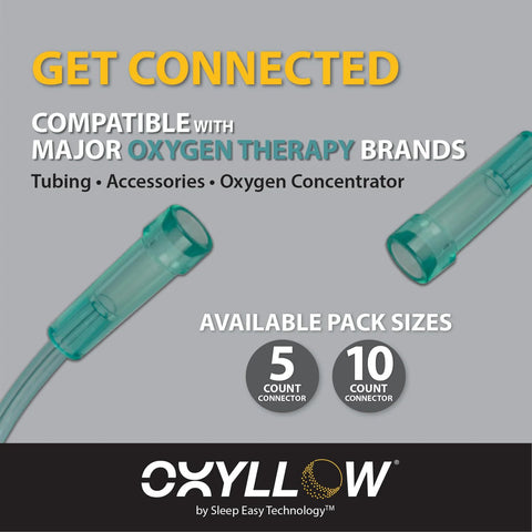Oxyllow premium swivel oxygen tubing connector, turquoise, 5- and 10-count packs shown