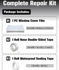 All-In-One Temporary Car Window Cover For Broken Glass 78.7 Inch By 39.4 Inch Waterproof PVC Sheet With Fix Tools And Double-Sided Tape Auto Glass Emergency Replacement Kit package contents