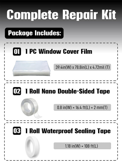All-In-One Temporary Car Window Cover For Broken Glass 78.7 Inch By 39.4 Inch Waterproof PVC Sheet With Fix Tools And Double-Sided Tape Auto Glass Emergency Replacement Kit package contents