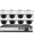 Real Deal 10X Zoom 5MP PTZ POE Dome Camera System Kit With 8CH NVR featuring eight white dome cameras and a gray NVR.