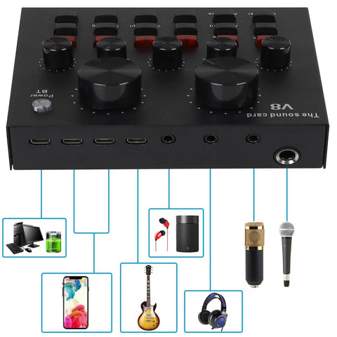 Condenser Microphone Bundle With Live Sound Card, showing connections to various devices, including phone and guitar.
