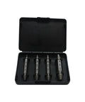 Open case showing Damaged Screw Remover Kit 4 Piece HSS Drill Bit Extractor Set For Stripped Screws Bolts Nuts And Hex Fasteners