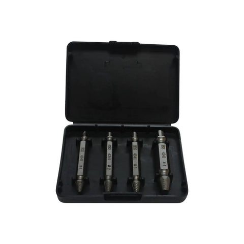 Open case showing Damaged Screw Remover Kit 4 Piece HSS Drill Bit Extractor Set For Stripped Screws Bolts Nuts And Hex Fasteners