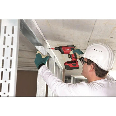 Person using 18V Cordless Drywall Screwdriver With Box, Beast 4500 RPM Performance on ceiling panel