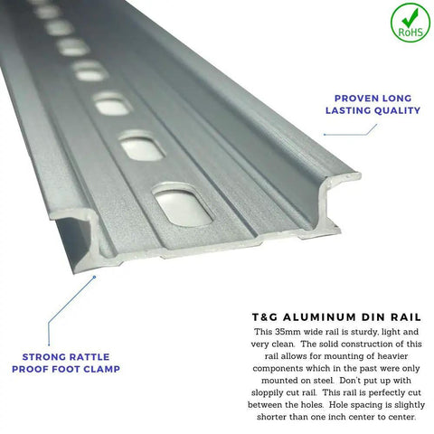 Close-up of Two Pieces DIN Rail Slotted Aluminum RoHS Compliant 10 Inch Long 35mm Wide 7.5mm High Heavy Duty Workhorse Mounting Rail