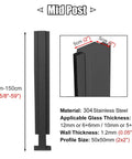 Sleek Matte Black Stainless Steel Glass Railing Post 59 Inch U Channel Balustrade Spigot with dimensions and material details