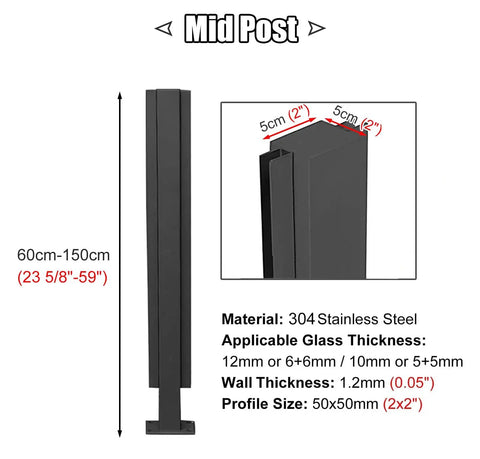 Sleek Matte Black Stainless Steel Glass Railing Post 59 Inch U Channel Balustrade Spigot with dimensions and material details