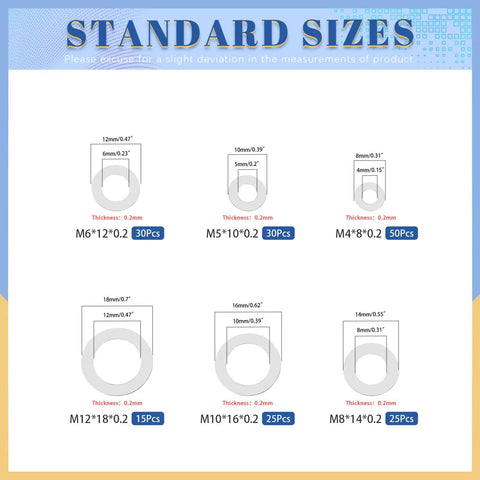 175 Piece Stainless Steel Thin Flat Washers Set M4 M5 M6 M8 M10 M12 With Storage Box Ultra Thin Fender Washers For Household DIY Pro Grade Automotive Industrial Woodworking Fasteners size chart