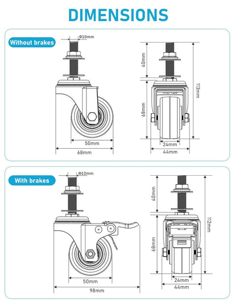 Diagram showing dimensions of Two Inch Swivel Caster Wheels Set Of Four Heavy Duty 440 Lb Capacity Silent Noiseless Rolling with brakes