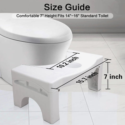 Foldable 7-Inch Toilet Potty Stool For Adults near toilet showing size guide, dimensions labeled as 7" height, 10.2" width, 15.7" length.