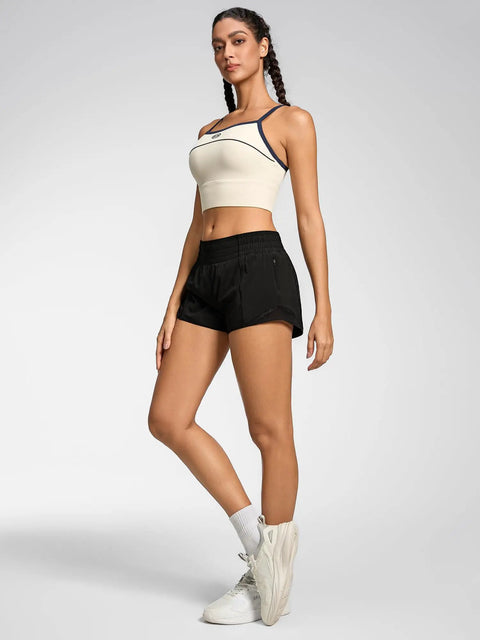 Model wearing Womens 2.5 Inch Quick Dry Gym Shorts With High Waist And Zip Pockets Built In Liner Breathable Mesh Panels Black XS.