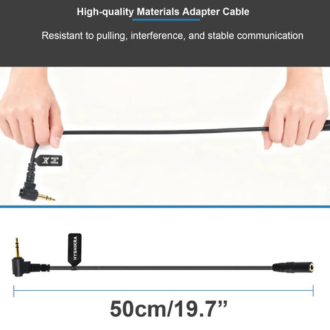 Universal Ham Radio Earpiece Adapter Cable 2.5mm 1Pin to 3.5mm Female in black, 50cm length, shown being held by hands for stability view.