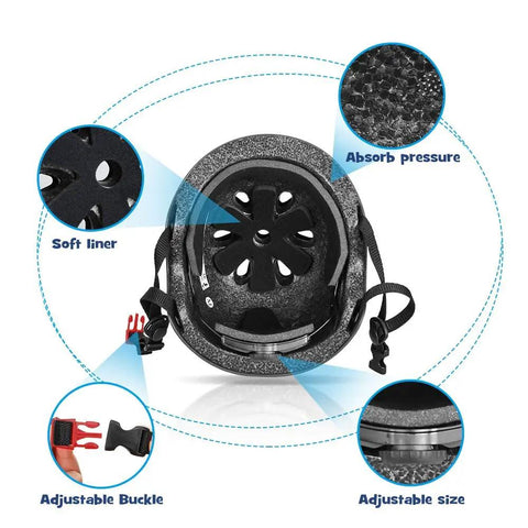 Top view of a helmet from Adult And Youth Skating Protective Gear Set With Helmet Knee Pads Elbow Pads And Wrist Guards For Inline Skating Scootering And Skateboarding Breathable Ventilated Foam For All Day Comfort And Serious Protection highlighting features like soft liner, adjustable buckle, absorb pressure, adjustable size.