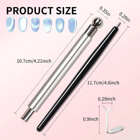 4-Piece Cat Eye Nail Magnet Set Silver Dual-Ended Magnetic Nail Tools With Round Bead And Heart Magnets Plus Black Magnetic Bead Pickup Pen For Cat Eye Gel Polish DIY Nail Art
