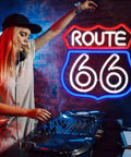 Blue Neon Sign Light For Bedroom Wall Decor Acrylic LED Neon Sign For Game Room Party Bar Club Dope Vibe Space Accent Perfect For Teen Rooms And Social Areas with Route 66 in background and DJ setup