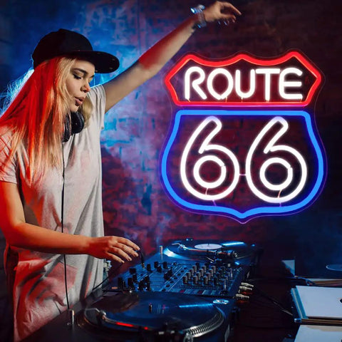 Blue Neon Sign Light For Bedroom Wall Decor Acrylic LED Neon Sign For Game Room Party Bar Club Dope Vibe Space Accent Perfect For Teen Rooms And Social Areas with Route 66 in background and DJ setup