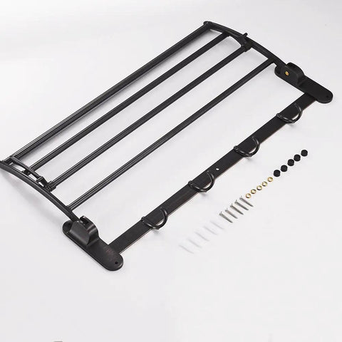 Oil Rubbed Bronze 24 Inch Towel Rack With Foldable Shelf, Adjustable Towel Bar, Five Hooks And Double Towel Bars, Wall Mounted Go To Multifunctional Bathroom Organizer, Rustproof Stainless Steel Construction shown with mounting hardware