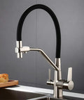 GAZOGJ 3-Way Kitchen Faucet with 360°Rotating Extendable Shower Head, sleek stainless steel design with black hose.