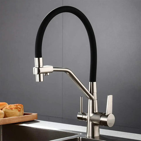 GAZOGJ 3-Way Kitchen Faucet with 360°Rotating Extendable Shower Head, sleek stainless steel design with black hose.